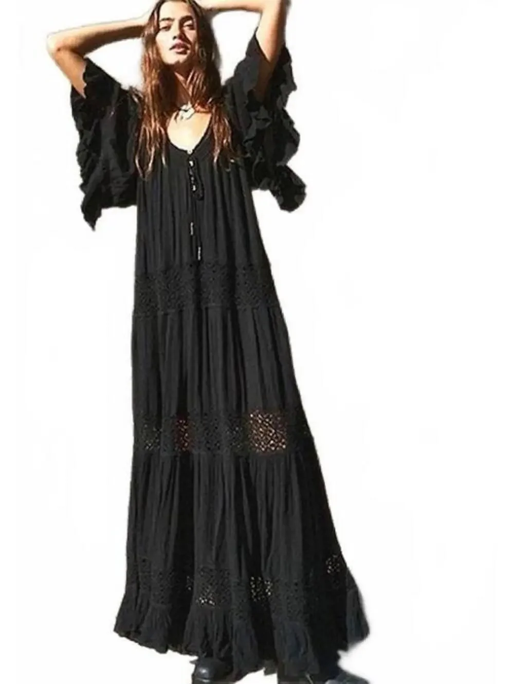 Free People Dream On Maxi Dress ruffle flutter sleeves lace panel SIZE XS #1355